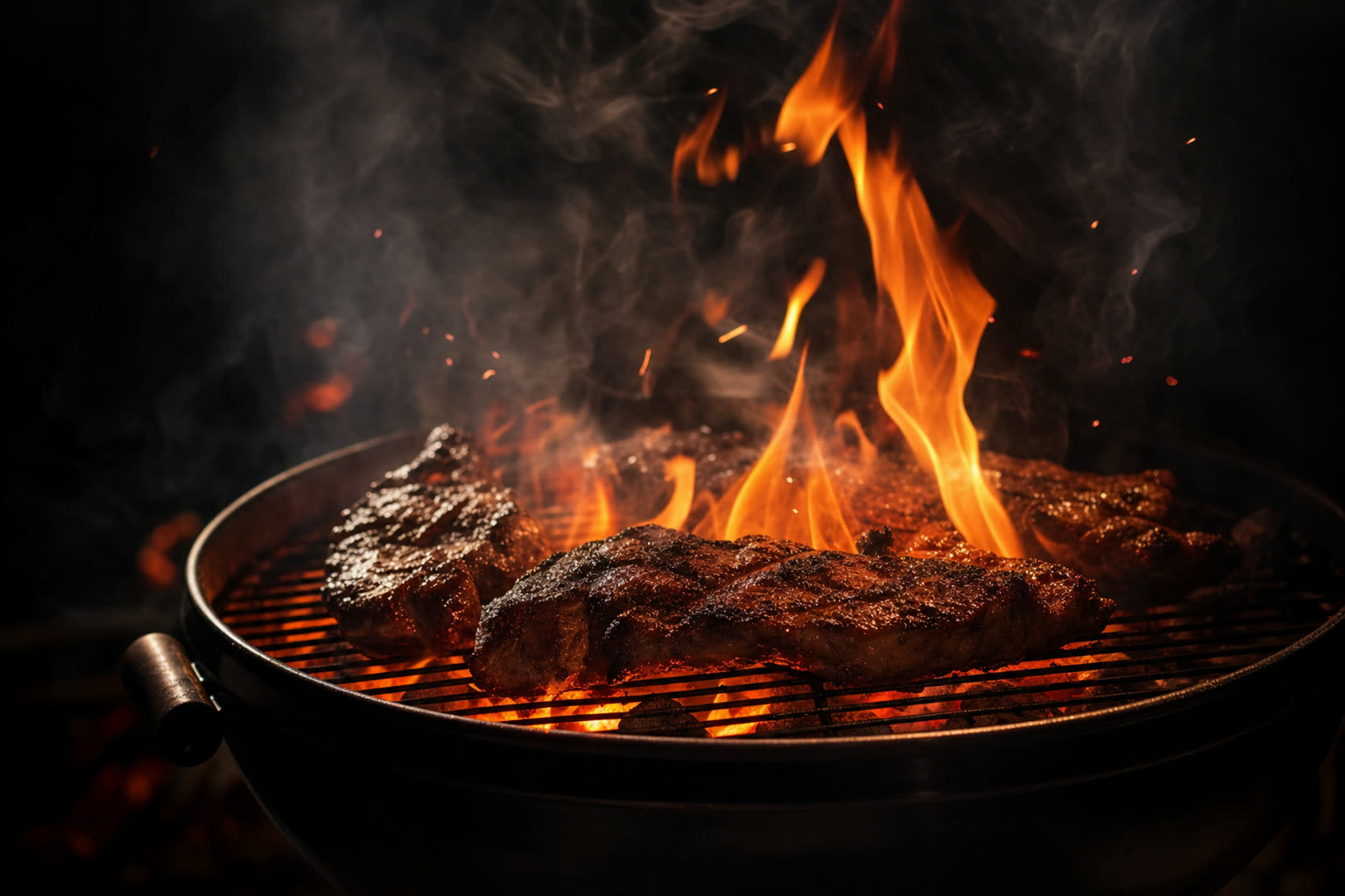 Steaks searing over open flames on a charcoal grill at night